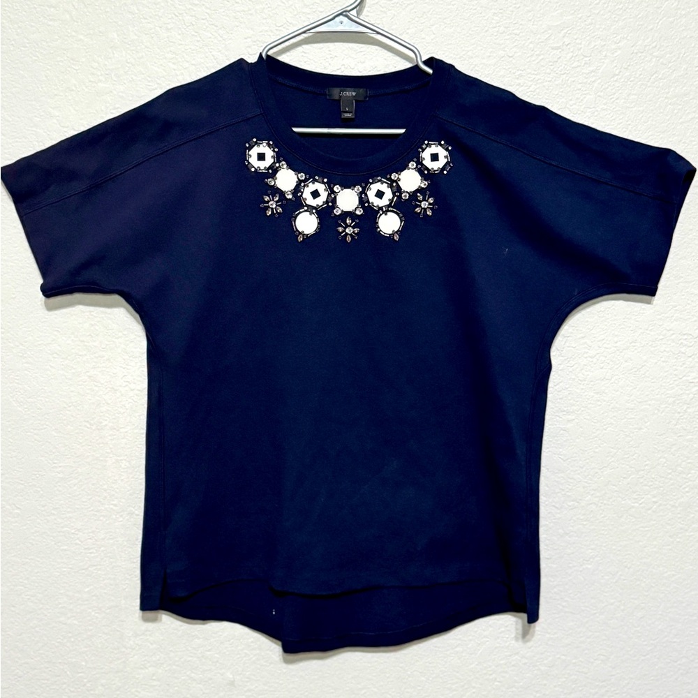 J Crew Womens Navy Blue Short Sleeve Structured Necklace T Shirt Top
